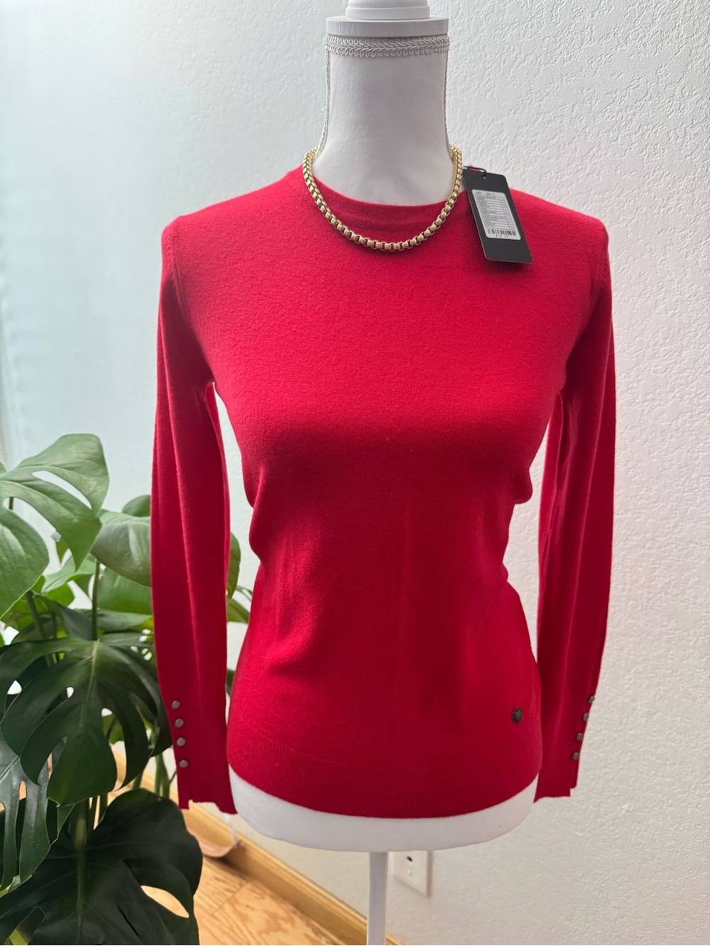 Classic Red Crewneck Sweater with Button-Trim Sleeves